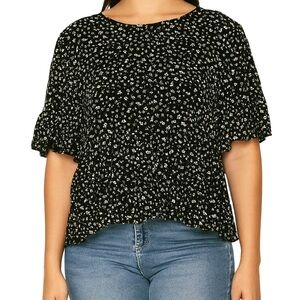 Paper Crane Black White Ditsy Floral Summer Blouse Whimsical Boho Babydoll Top